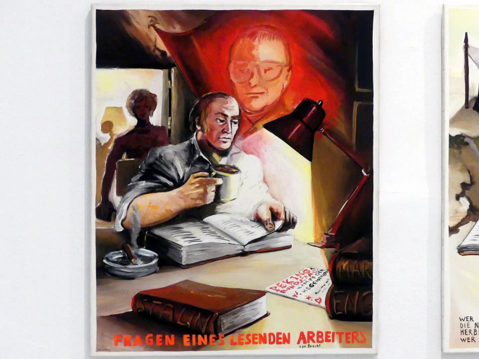 Jörg Immendorff (1965–2007), Brechtzyklus - Fragen eines lesenden Arbeiters, Madrid, Museo Reina Sofía, Ausstellung "Jörg Immendorff - The Task of the Painter" vom 30.10.2019-13.04.2020, Saal 3, 1976, Bild 2/8