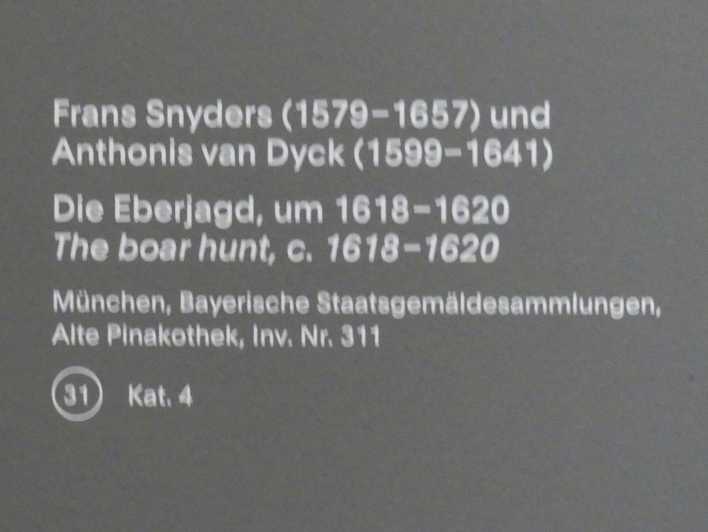 Frans Snyders (1610–1650), Die Eberjagd, München, Alte Pinakothek, Ausstellung "Van Dyck" vom 25.10.2019-02.02.2020, Die Anfänge - 4, um 1618–1620, Bild 2/2