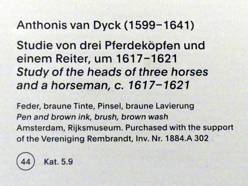 Anthonis (Anton) van Dyck (1614–1641), Studie von drei Pferdeköpfen und einem Reiter, München, Alte Pinakothek, Ausstellung "Van Dyck" vom 25.10.2019-02.02.2020, Von Antwerpen nach Italien - 2, um 1617–1621, Bild 3/3