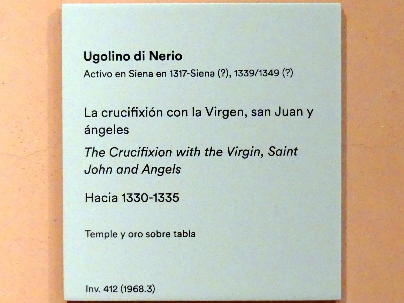 Ugolino di Nerio (1305–1332), Kreuzigung mit der Jungfrau, dem Heiligen Johannes und Engeln, Madrid, Museo Thyssen-Bornemisza, Saal 1, italienische Renaissance, um 1330–1335, Bild 2/2