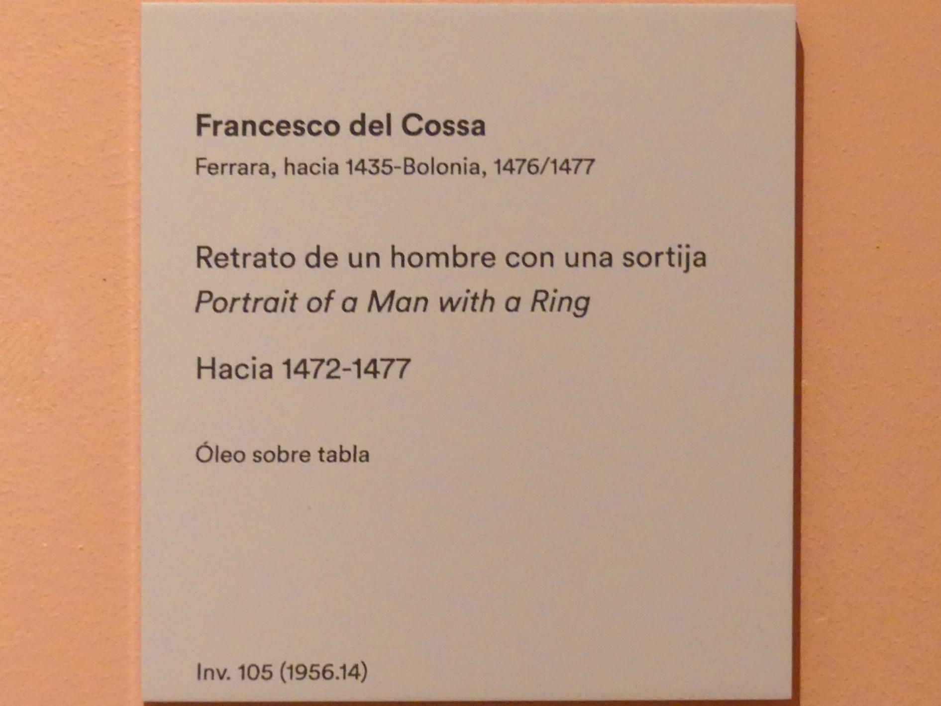 Francesco del Cossa (1471–1474), Porträt eines Mannes mit einem Ring, Madrid, Museo Thyssen-Bornemisza, Saal 5, das Porträt in der Renaissance, um 1472–1477, Bild 2/2