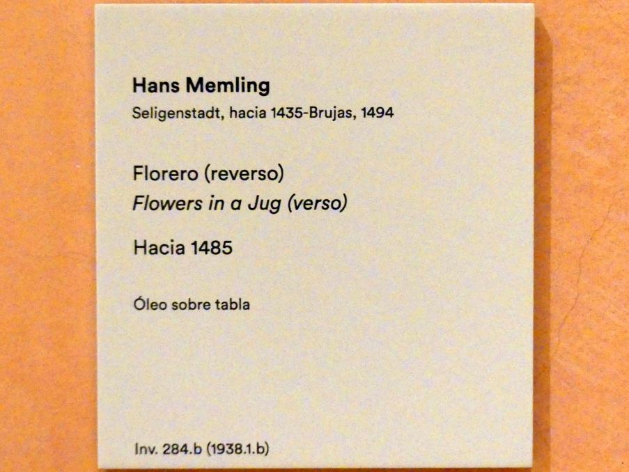 Hans Memling (1467–1491), Blumen in einem Krug, Madrid, Museo Thyssen-Bornemisza, Saal 5, das Porträt in der Renaissance, um 1485, Bild 2/2
