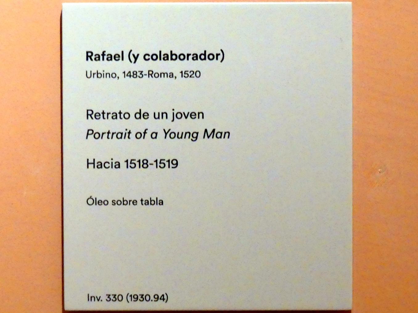 Raffael (Raffaello Sanzio da Urbino, Raffaello Santi) (1501–1519), Porträt eines jungen Mannes, Madrid, Museo Thyssen-Bornemisza, Saal 6, Galeria Villahermosa, um 1518–1519, Bild 2/2