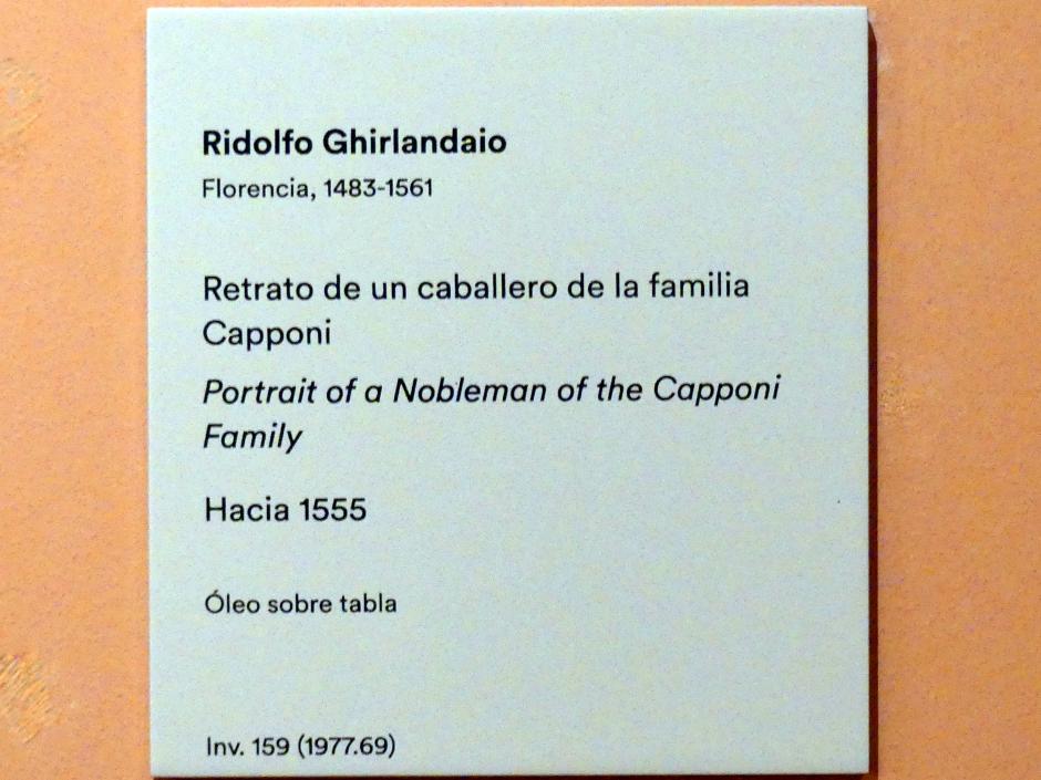 Ridolfo Ghirlandaio (1505–1555), Porträt eines Edelmannes aus der Familie Capponi, Madrid, Museo Thyssen-Bornemisza, Saal 6, Galeria Villahermosa, um 1555, Bild 2/2