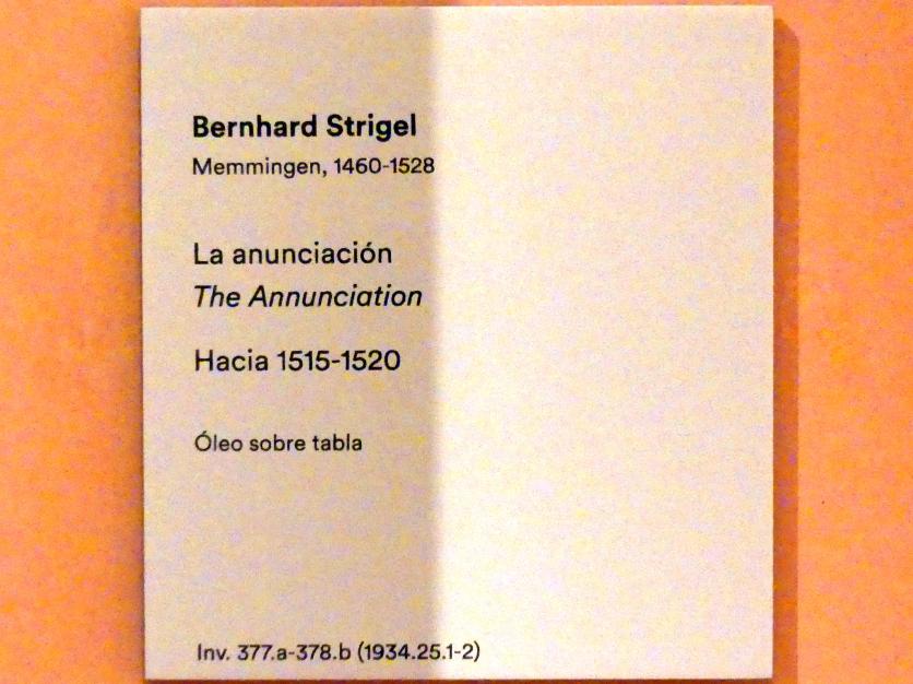 Bernhard Strigel (1475–1528), Mariä Verkündigung, Madrid, Museo Thyssen-Bornemisza, Saal 6, Galeria Villahermosa, um 1515–1520, Bild 2/2