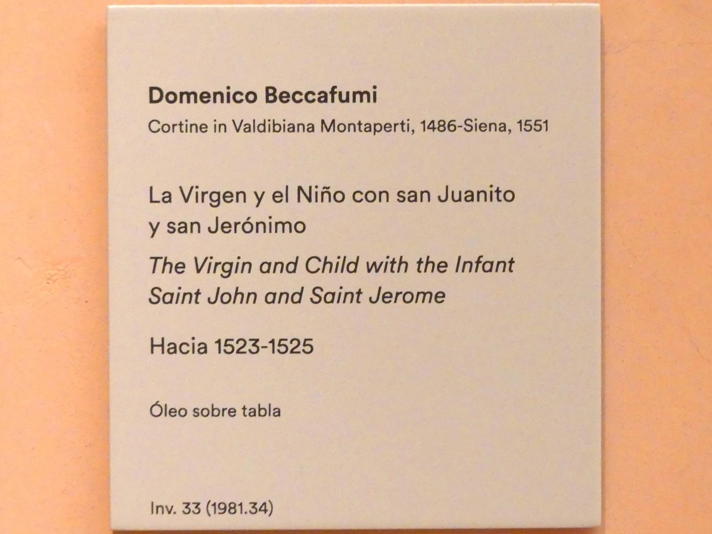 Domenico Beccafumi (il Mecherino) (1507–1537), Die Jungfrau mit Kind mit dem Johannesknaben und dem Heiligen Hieronymus, Madrid, Museo Thyssen-Bornemisza, Saal 7, italienische Malerei des 16. Jahrhunderts, um 1523–1525, Bild 2/2