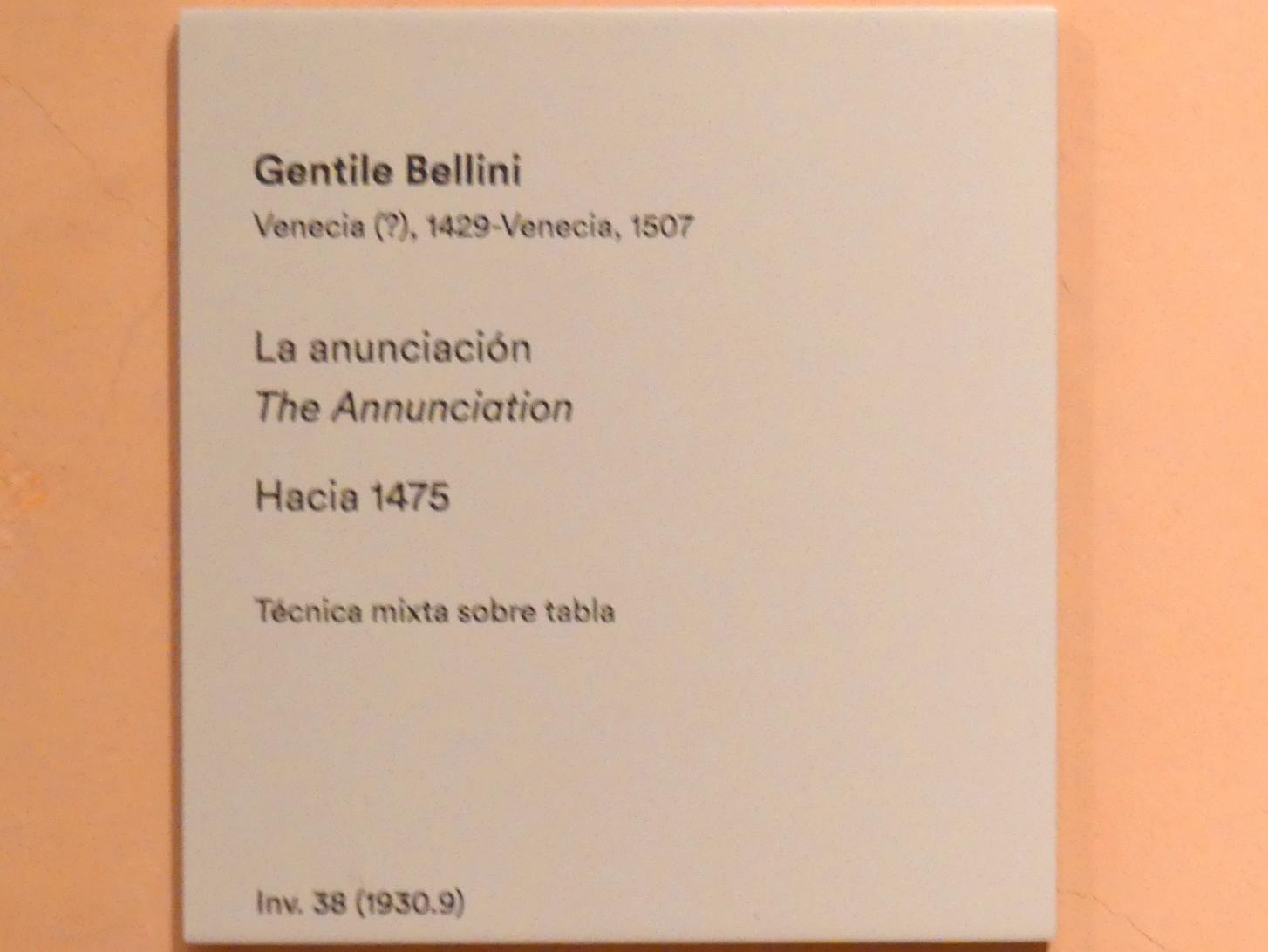 Gentile Bellini (1460–1475), Verkündigung an Maria, Madrid, Museo Thyssen-Bornemisza, Saal 7, italienische Malerei des 16. Jahrhunderts, um 1475, Bild 2/2