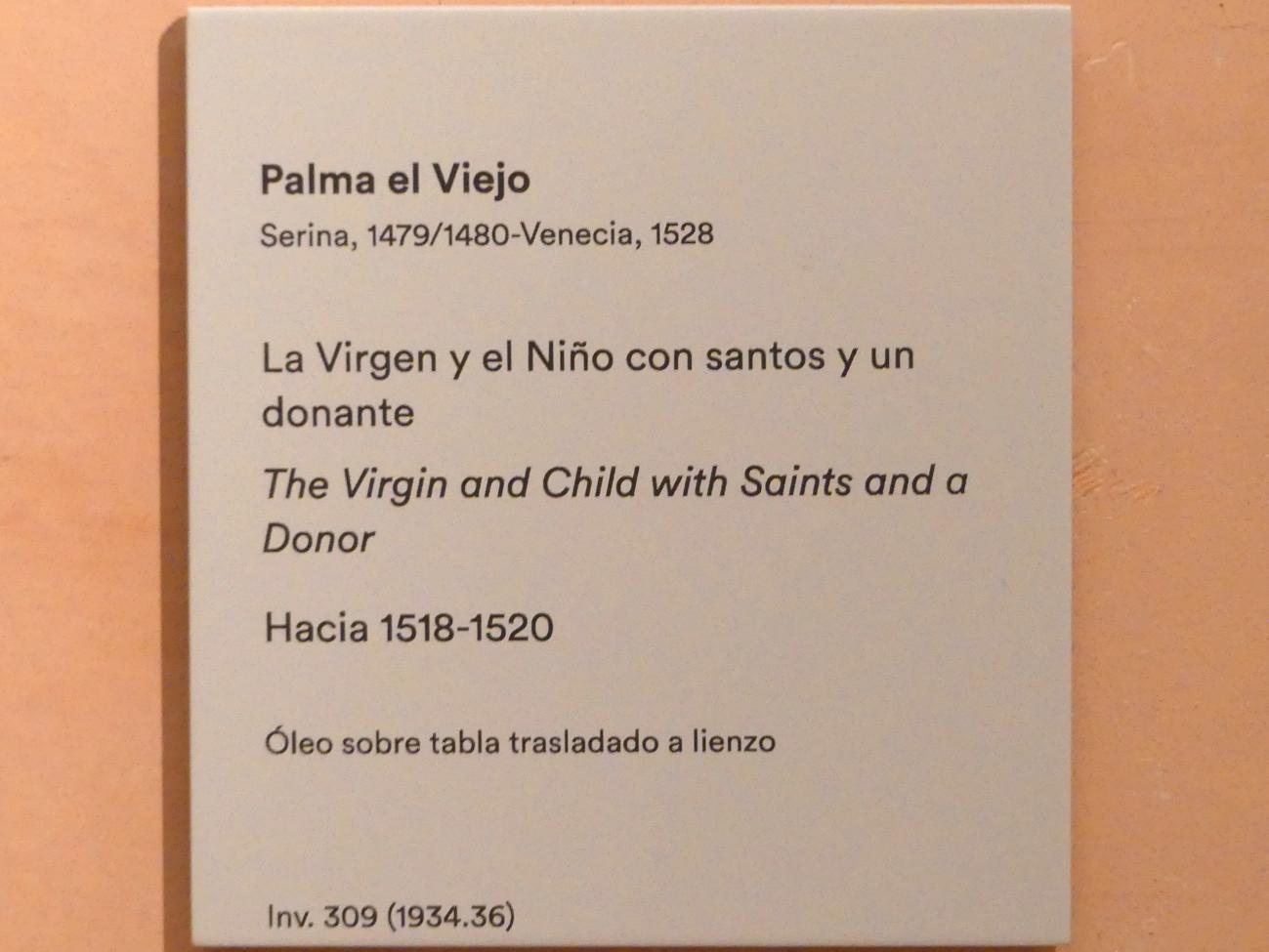 Jacopo Palma il Vecchio (Jacomo Nigretti de Lavalle) (1500–1526), Maria mit Kind, Heiligen und einem Stifter, Madrid, Museo Thyssen-Bornemisza, Saal 7, italienische Malerei des 16. Jahrhunderts, um 1518–1520, Bild 2/2