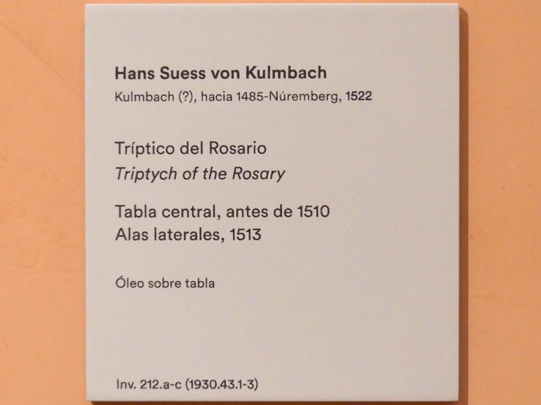 Hans Süß von Kulmbach (1507–1521), Rosenkranz-Tryptychon, Madrid, Museo Thyssen-Bornemisza, Saal 8, deutsche Malerei des 15. und 16. Jahrhunderts, um 1510–1513, Bild 2/2