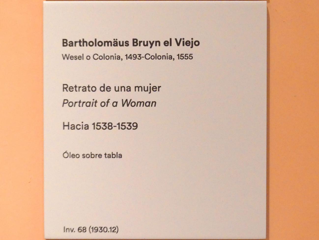 Bartholomäus Bruyn der Ältere (1513–1546), Porträt einer Frau, Madrid, Museo Thyssen-Bornemisza, Saal 8, deutsche Malerei des 15. und 16. Jahrhunderts, um 1538–1539, Bild 2/2