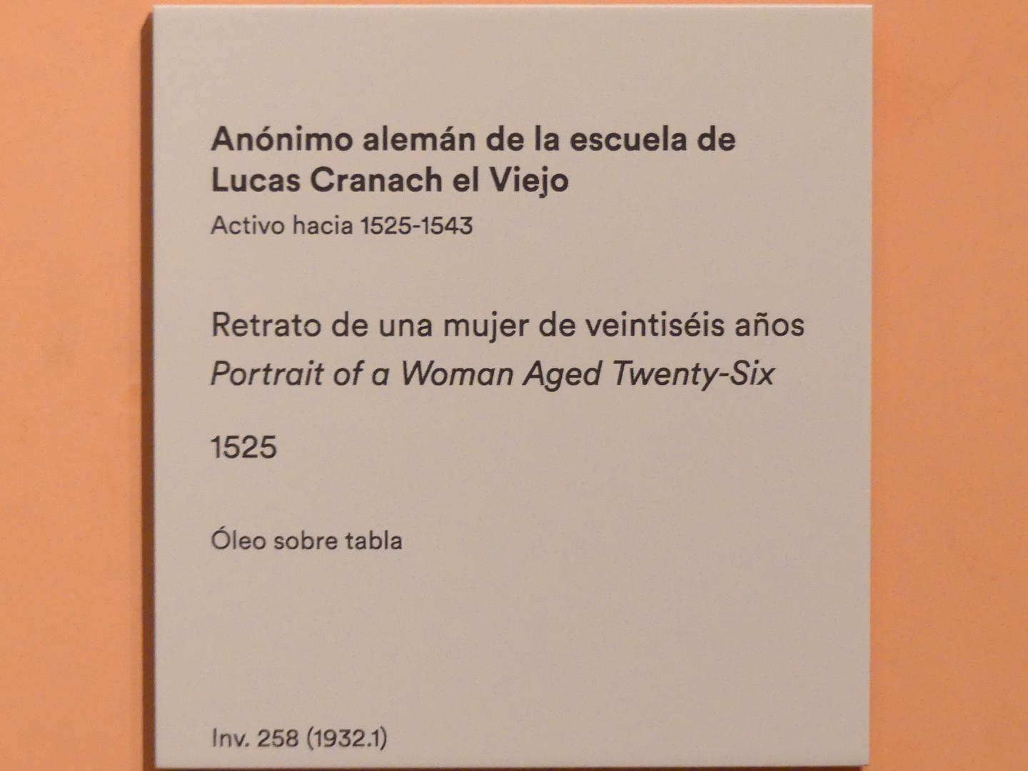 Lucas Cranach der Ältere (Umkreis) (1509–1553), Porträt einer 26-jährigen Frau, Madrid, Museo Thyssen-Bornemisza, Saal 9, deutsche Malerei des 15. und 16. Jahrhunderts, 1525, Bild 2/2