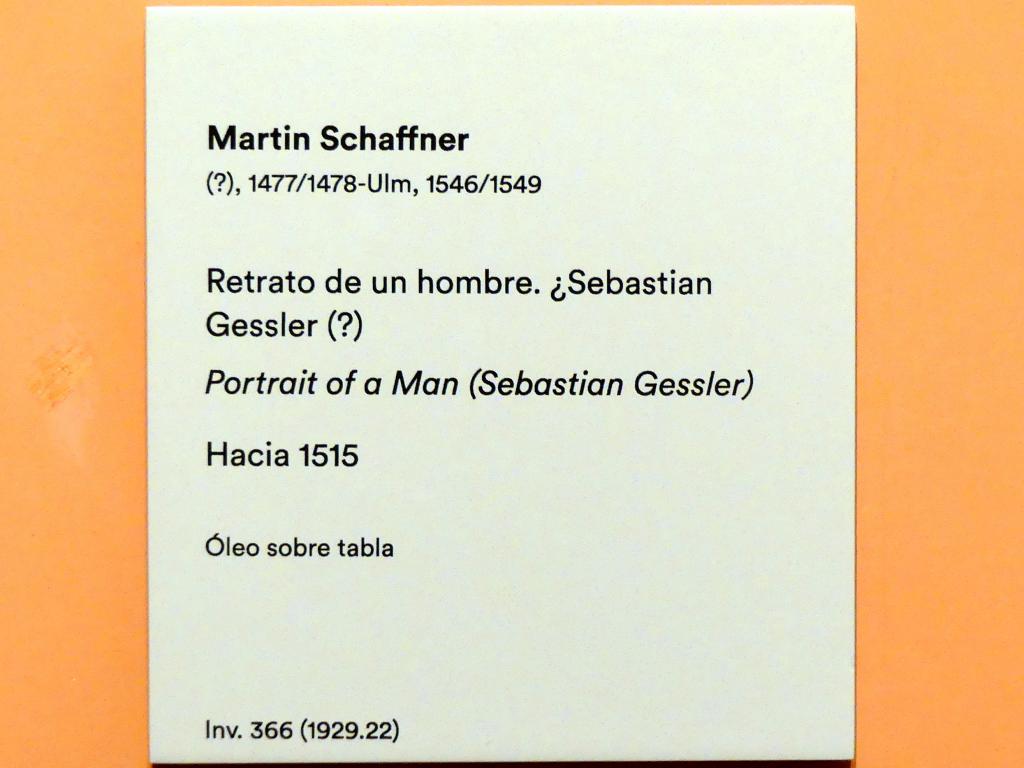 Martin Schaffner (1497–1532), Porträt eines Mannes (Sebastian Gessler ?), Madrid, Museo Thyssen-Bornemisza, Saal 9, deutsche Malerei des 15. und 16. Jahrhunderts, um 1515, Bild 2/2