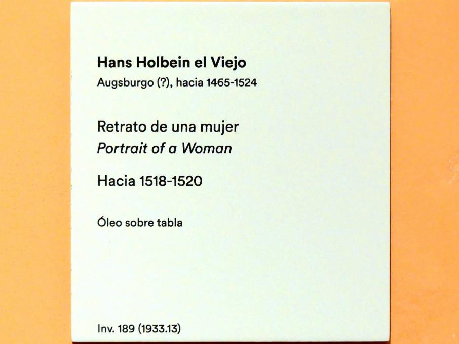 Hans Holbein der Ältere (1493–1520), Porträt einer Frau, Madrid, Museo Thyssen-Bornemisza, Saal 9, deutsche Malerei des 15. und 16. Jahrhunderts, um 1518–1520, Bild 2/2