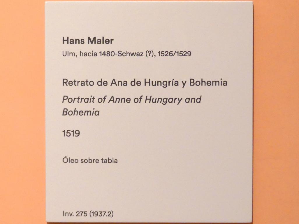 Hans Maler zu Schwaz (1512–1529), Porträt der Anna von Ungarn und Böhmen, Madrid, Museo Thyssen-Bornemisza, Saal 9, deutsche Malerei des 15. und 16. Jahrhunderts, 1519, Bild 2/2