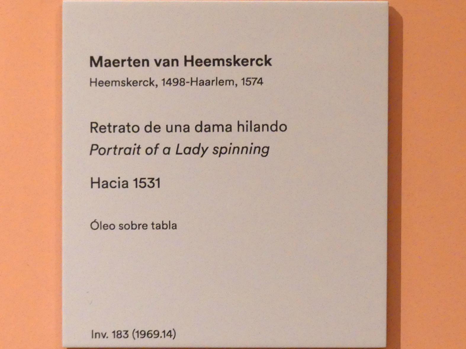 Maarten van Heemskerck (1531–1561), Porträt einer Dame am Spinnrad, Madrid, Museo Thyssen-Bornemisza, Saal 10, niederländische Malerei des 16. Jahrhunderts, um 1531, Bild 2/2