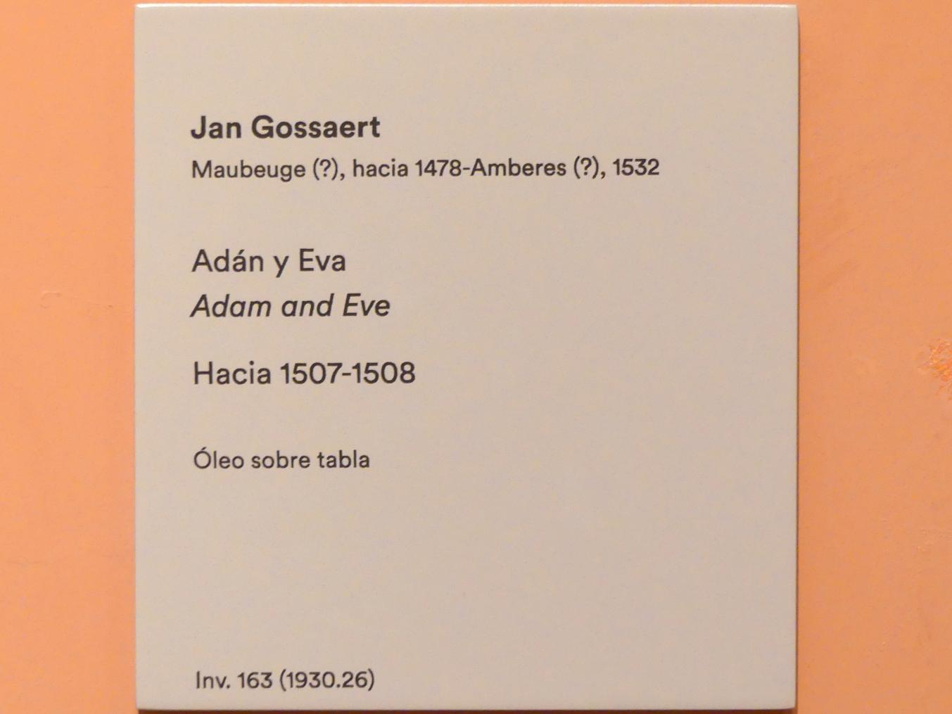 Jan Gossaert (Mabuse) (1505–1531), Adam und Eva, Madrid, Museo Thyssen-Bornemisza, Saal 10, niederländische Malerei des 16. Jahrhunderts, um 1507–1508, Bild 2/2