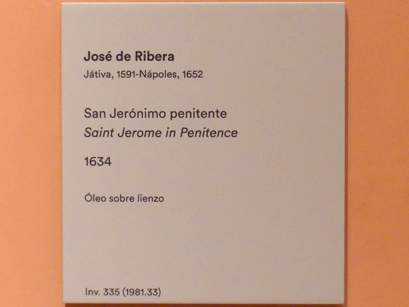 Jusepe de Ribera (1607–1650), Der büßende hl. Hieronymus, Madrid, Museo Thyssen-Bornemisza, Saal 12, Caravaggio und der Barock, 1634, Bild 2/2