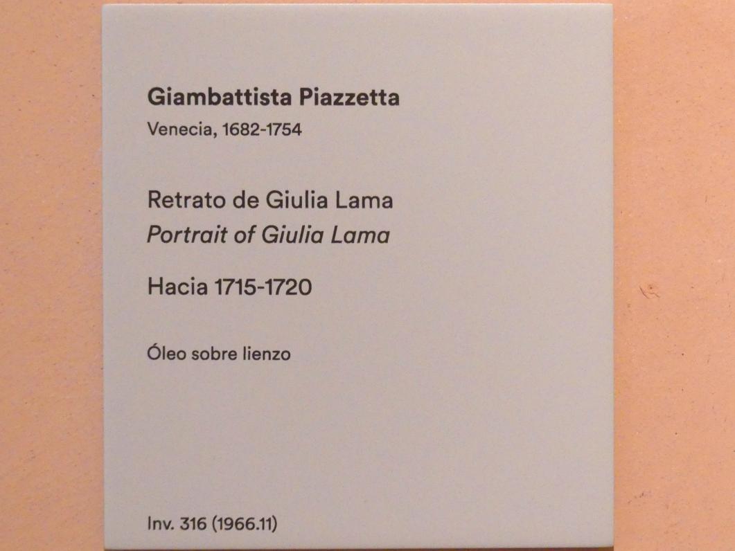 Giovanni Battista (Giambattista) Piazzetta (1717–1745), Porträt der Giulia Lama, Madrid, Museo Thyssen-Bornemisza, Saal 18, italienische Malerei des 18. Jahrhunderts, um 1715–1720, Bild 2/2