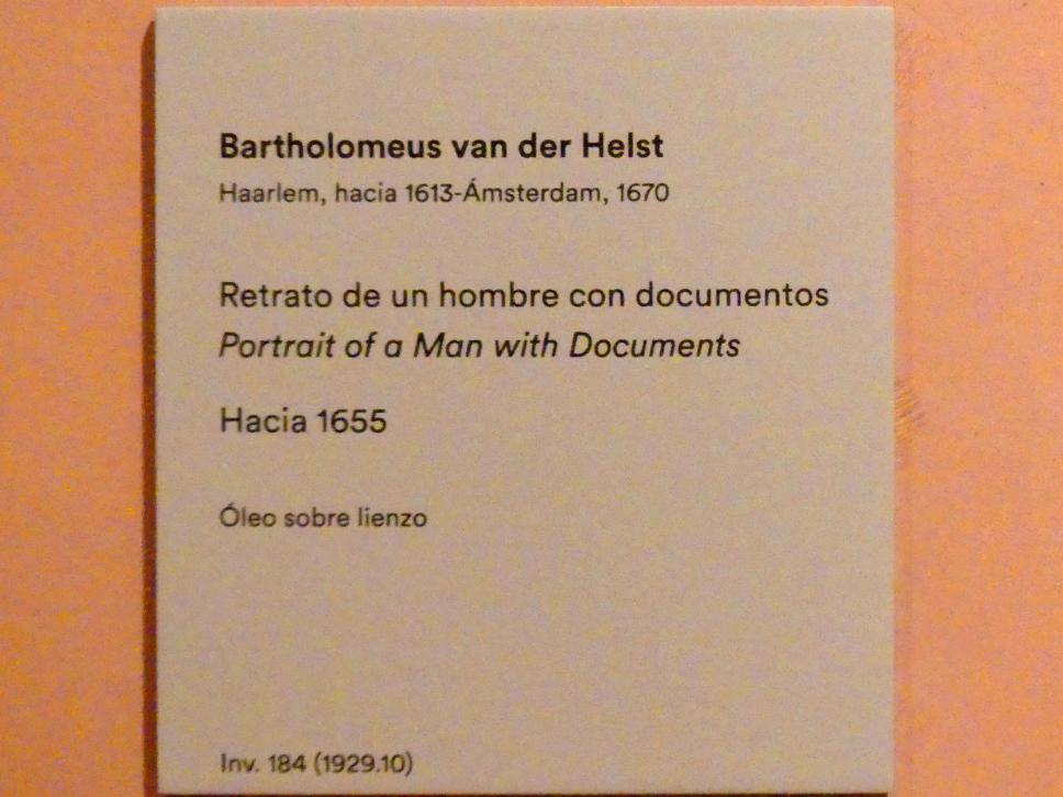 Bartholomeus van der Helst (1640–1669), Porträt eines Mannes mit Dokumenten, Madrid, Museo Thyssen-Bornemisza, Saal 21, niederländische Malerei des 17. Jahrhunderts, um 1655, Bild 2/2