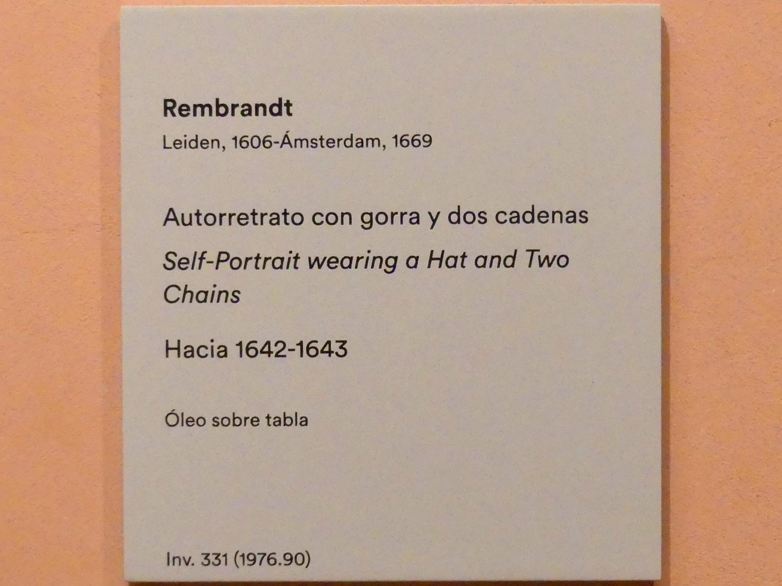 Rembrandt (Rembrandt Harmenszoon van Rijn) (1627–1669), Selbstporträt mit Hut und zwei Ketten, Madrid, Museo Thyssen-Bornemisza, Saal 21, niederländische Malerei des 17. Jahrhunderts, um 1642–1643, Bild 4/4