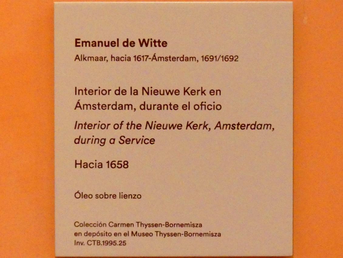 Emanuel de Witte (1650–1680), Interieur der Nieuwe Kerk Amsterdam während einer Messfeier, Madrid, Museo Thyssen-Bornemisza, Saal A, italienische Malerei des 17. Jahrhunderts, um 1658, Bild 2/2
