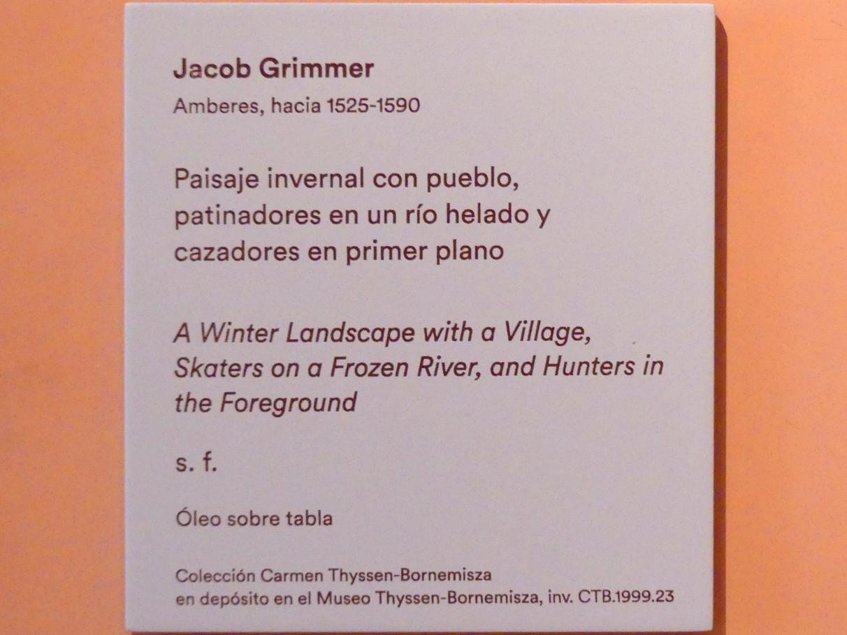 Jacob Grimmer (1585), Eine Winterlandschaft mit einem Dorf, Schlittschuhläufer auf einem gefrorenen Fluss und Jäger im Vordergrund, Madrid, Museo Thyssen-Bornemisza, Saal B, flämische und niederländische Malerei des 17. Jahrhunderts, Undatiert, Bild 2/3
