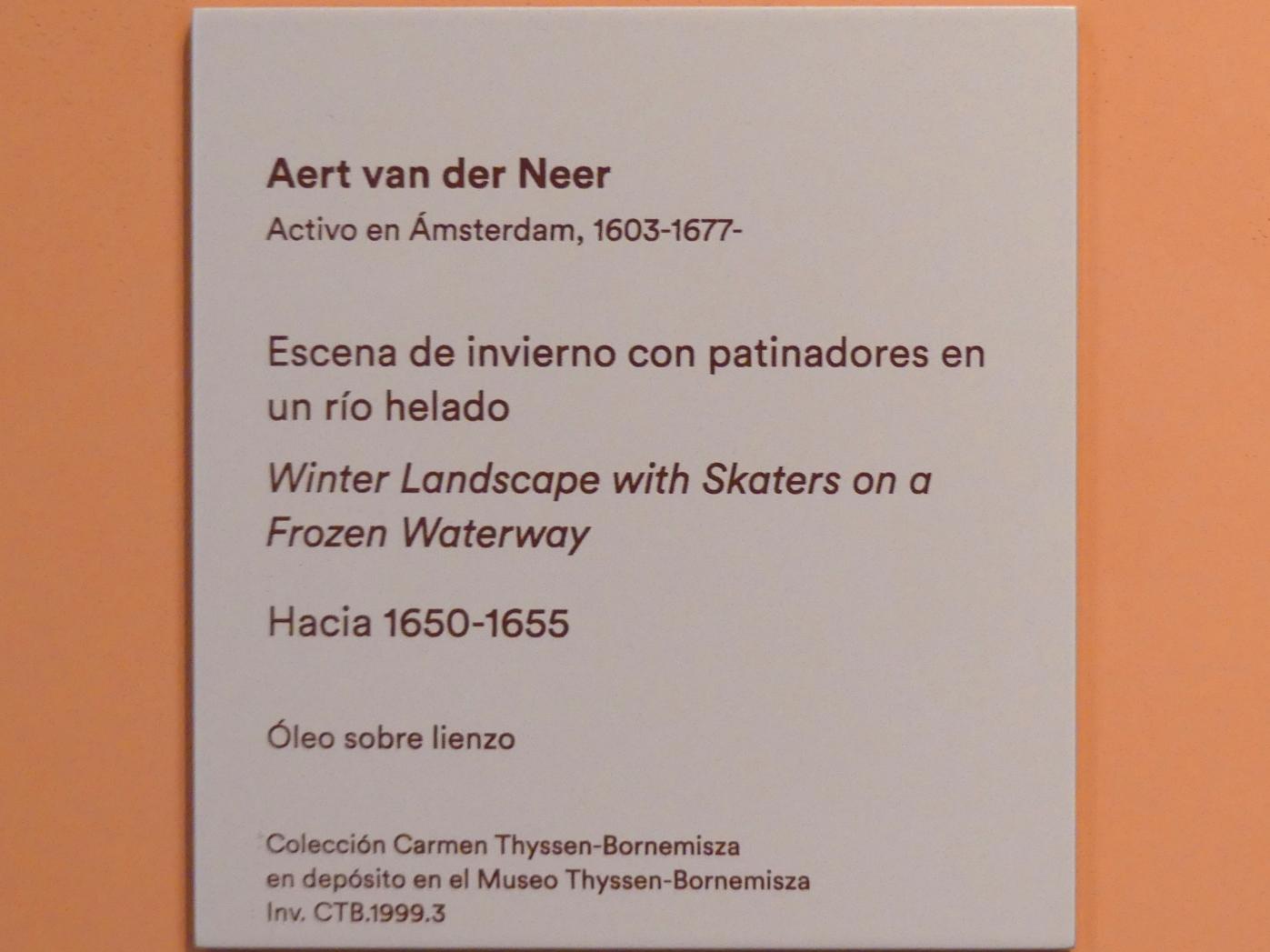 Aert van der Neer (1635–1667), Winterlandschaft mit Schlittschuhläufern auf einer gefrorenen Wasserstraße, Madrid, Museo Thyssen-Bornemisza, Saal B, flämische und niederländische Malerei des 17. Jahrhunderts, um 1650–1655, Bild 2/2