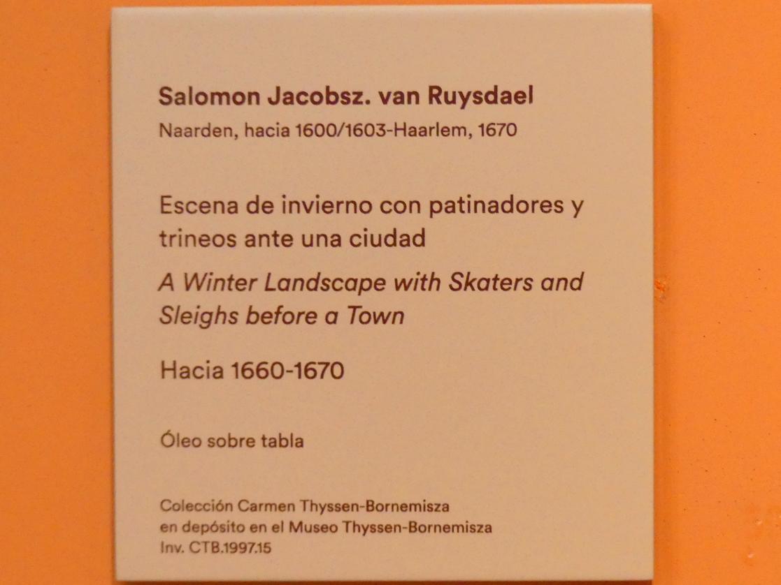 Salomon van Ruysdael (1631–1665), Winterlandschaft mit Schlittschuhläufern und Schlitten vor einer Stadt, Madrid, Museo Thyssen-Bornemisza, Saal B, flämische und niederländische Malerei des 17. Jahrhunderts, um 1660–1670, Bild 2/2