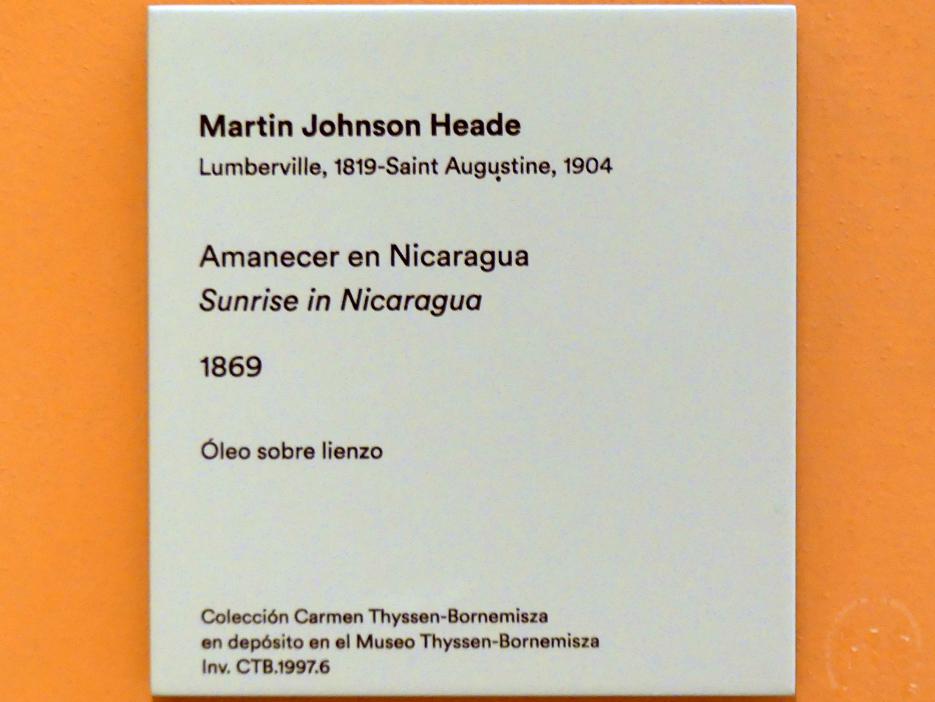 Martin Johnson Heade (1859–1902), Sonnenaufgang in Nicaragua, Madrid, Museo Thyssen-Bornemisza, Saal C, Galerie der Ansichten und Landschaften des 18. und 19. Jahrhunderts, 1869, Bild 2/2