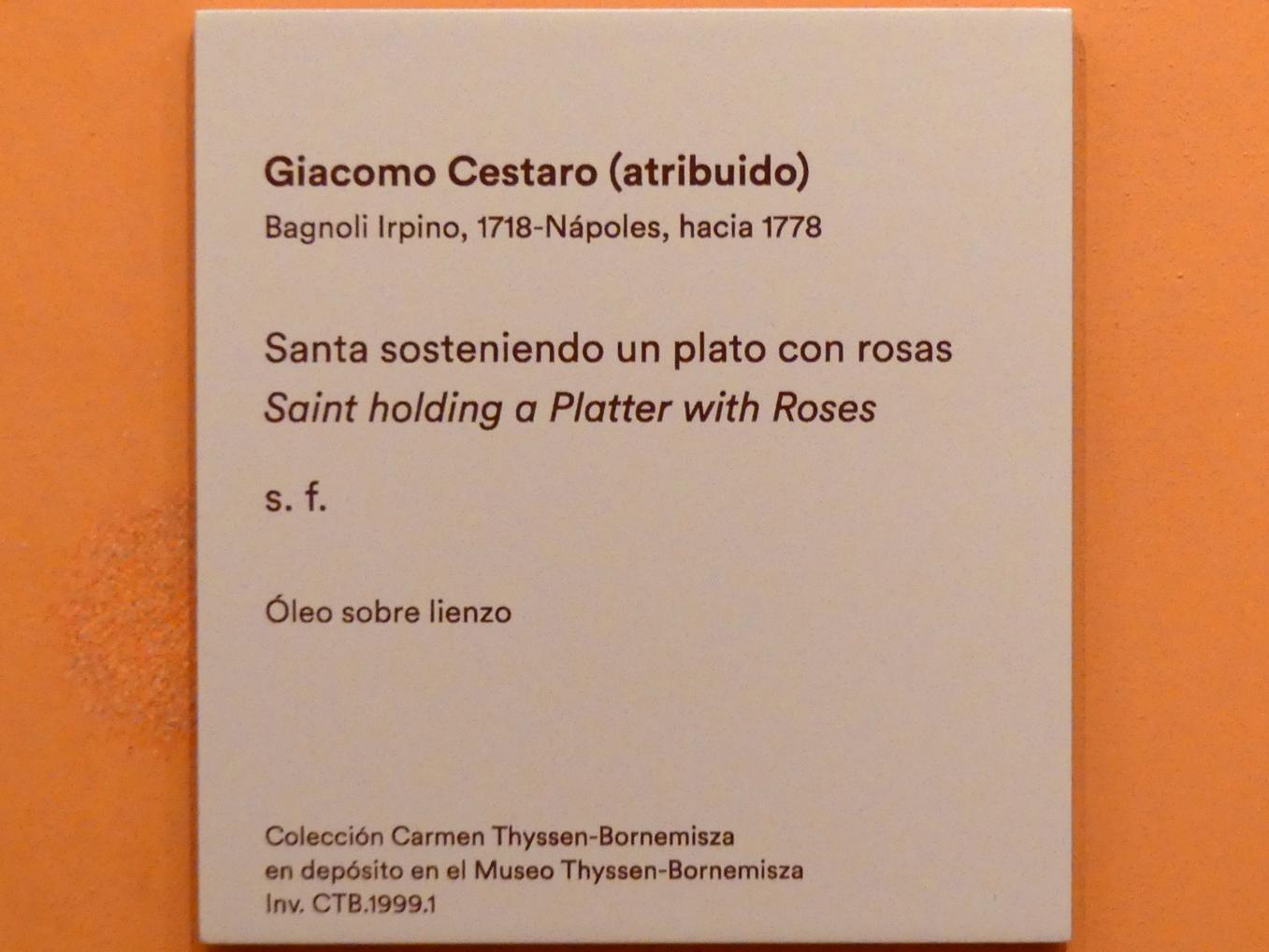 Giacomo Cestaro (Undatiert), Heilige hält einen Teller mit Rosen, Madrid, Museo Thyssen-Bornemisza, Saal D, Malerei des 17. Jahrhunderts, Undatiert, Bild 3/3
