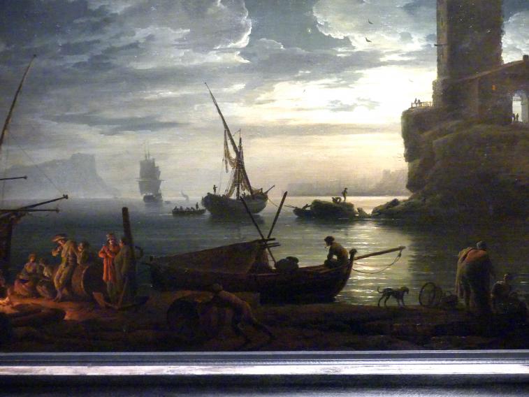 Claude Joseph Vernet (1742–1774), Nacht: Mediterrane Küstenszene mit Fischern und Booten, Madrid, Museo Thyssen-Bornemisza, Saal D, Malerei des 17. Jahrhunderts, 1753, Bild 3/5