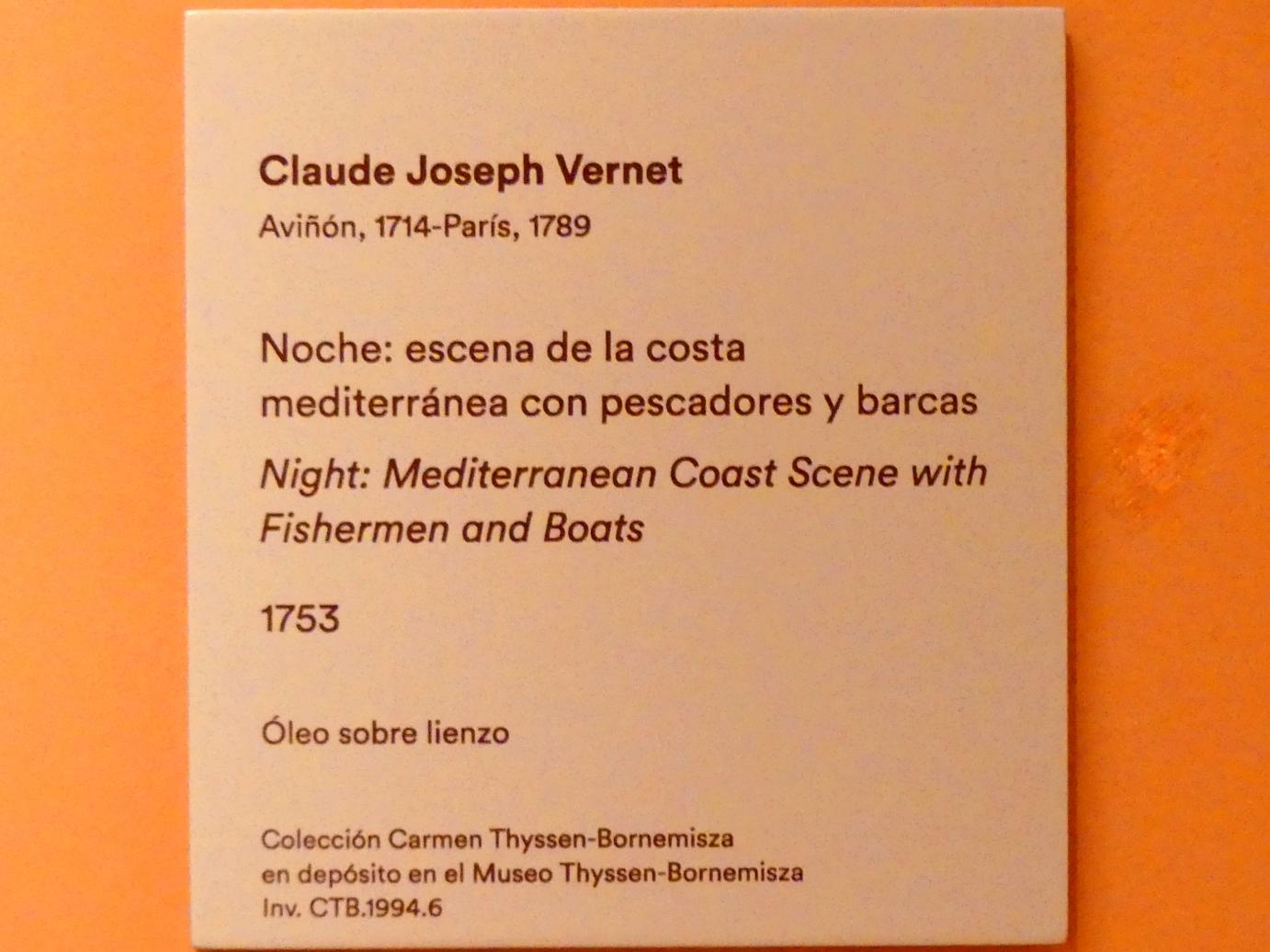 Claude Joseph Vernet (1742–1774), Nacht: Mediterrane Küstenszene mit Fischern und Booten, Madrid, Museo Thyssen-Bornemisza, Saal D, Malerei des 17. Jahrhunderts, 1753, Bild 5/5