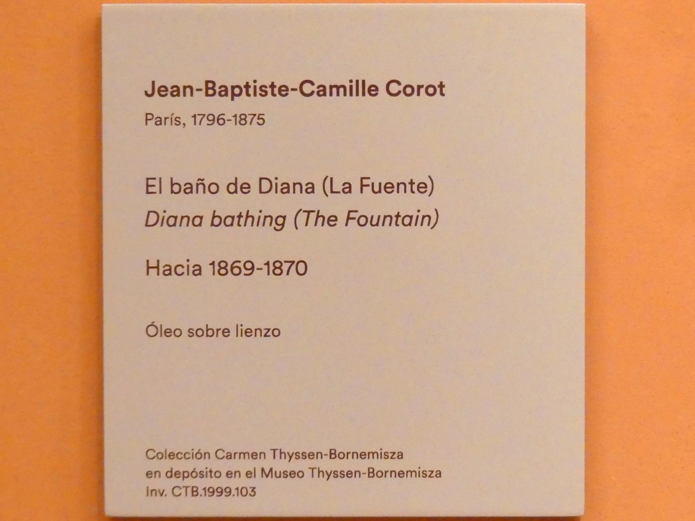 Jean-Baptiste Camille Corot (1823–1874), Die badende Diana (Der Springbrunnen), Madrid, Museo Thyssen-Bornemisza, Saal G, europäische Malerei des 19. Jahrhunderts, um 1869–1870, Bild 2/2