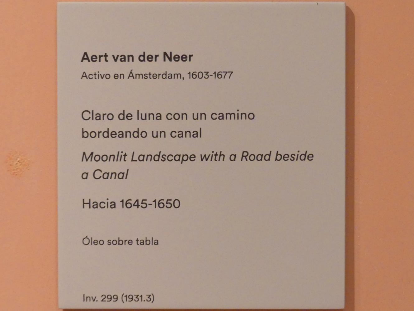 Aert van der Neer (1635–1667), Landschaft bei Mondlicht mit einer Straße neben einem Kanal, Madrid, Museo Thyssen-Bornemisza, Saal 24, niederländische Malerei des 16. Jahrhunderts, um 1645–1650, Bild 2/2