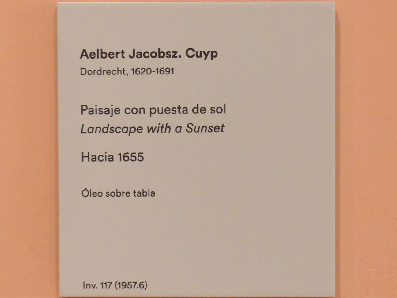 Aelbert Cuyp (1640–1667), Landschaft bei Sonnenuntergang, Madrid, Museo Thyssen-Bornemisza, Saal 25, niederländische Malerei des 16. Jahrhunderts, um 1655, Bild 2/2