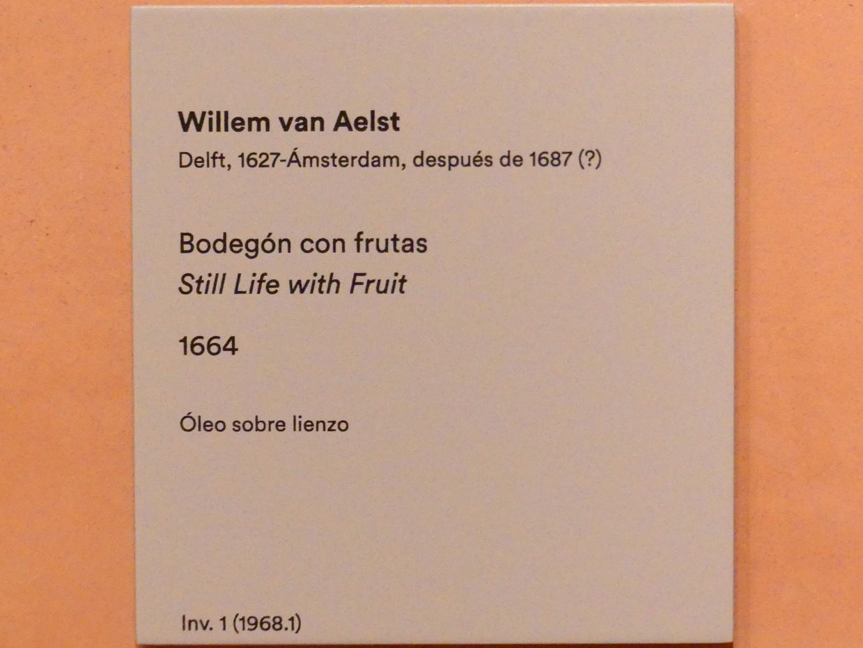 Willem van Aelst (1660–1679), Stillleben mit Obst, Madrid, Museo Thyssen-Bornemisza, Saal 27, Stillleben des 17. Jahrhunderts, 1664, Bild 2/2