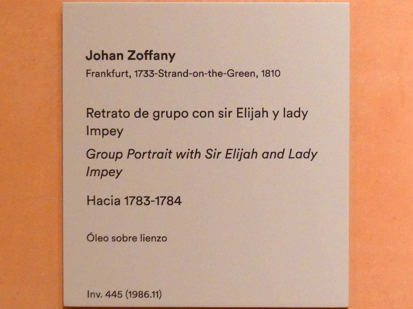 Johann Joseph Zoffany (1757–1783), Gruppenporträt mit Sir Elijah und Lady Impey, Madrid, Museo Thyssen-Bornemisza, Saal 28, französische und englische Malerei des 18. Jahrhunderts, um 1783–1784, Bild 2/2