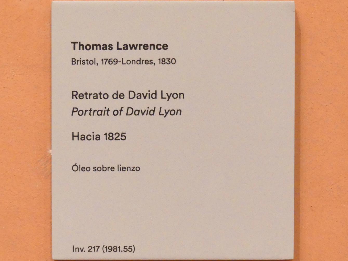 Thomas Lawrence (1789–1825), Porträt des David Lyon, Madrid, Museo Thyssen-Bornemisza, Saal 28, französische und englische Malerei des 18. Jahrhunderts, um 1825, Bild 3/3