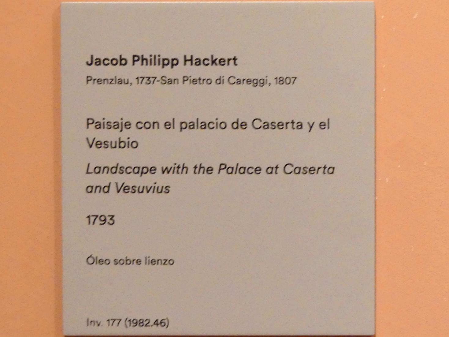 Jakob Philipp Hackert (1772–1805), Landschaft mit Palast in Caserta und Vesuv, Madrid, Museo Thyssen-Bornemisza, Saal 31, europäische Malerei des 19. Jahrhunderts, 1793, Bild 2/2