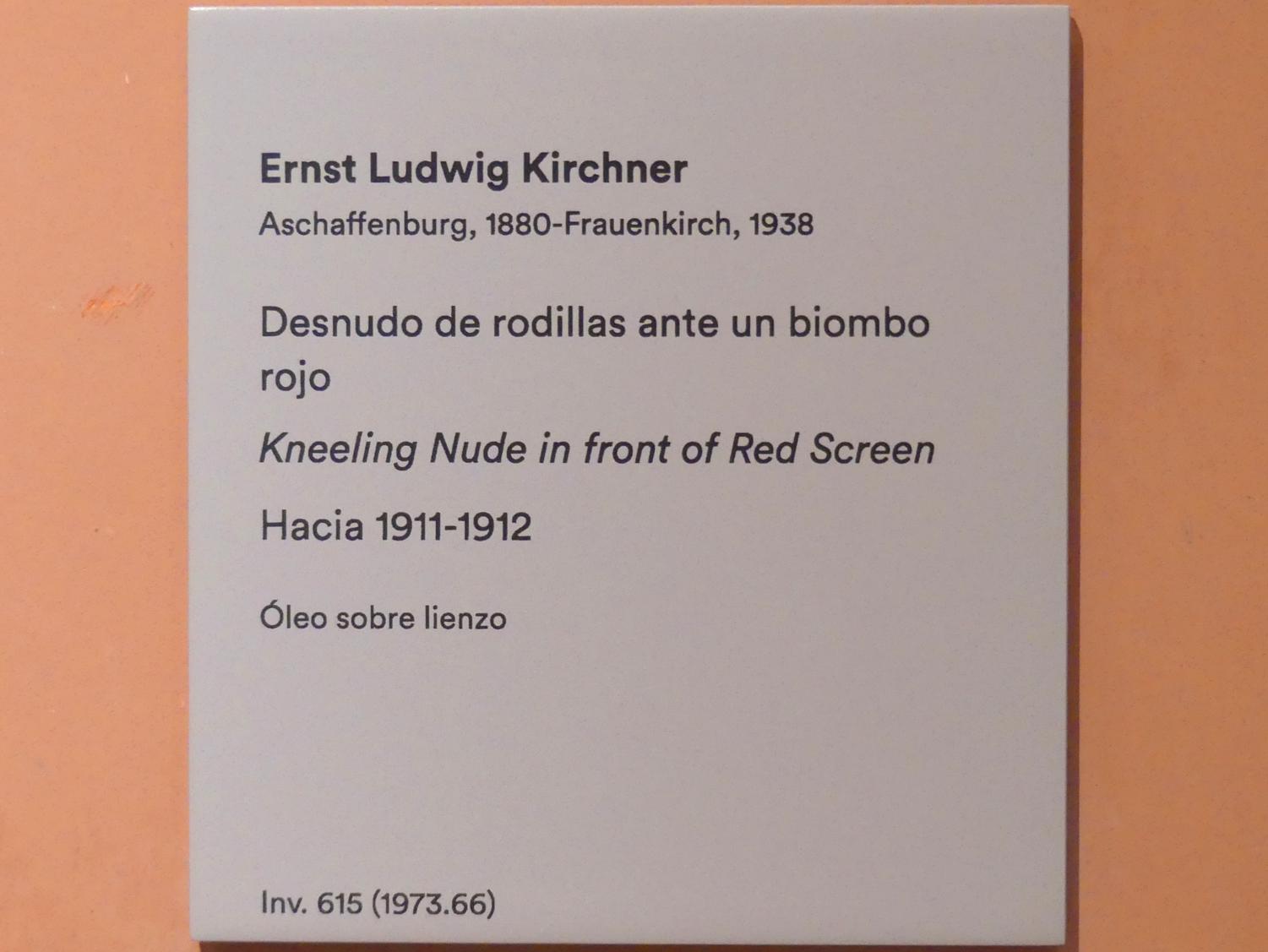 Ernst Ludwig Kirchner (1904–1933), Kniender Akt vor einem roten Wandschirm, Madrid, Museo Thyssen-Bornemisza, Saal 36. europäische Malerei der ersten Hälfte des 20. Jahrhunderts, um 1911–1912, Bild 2/2