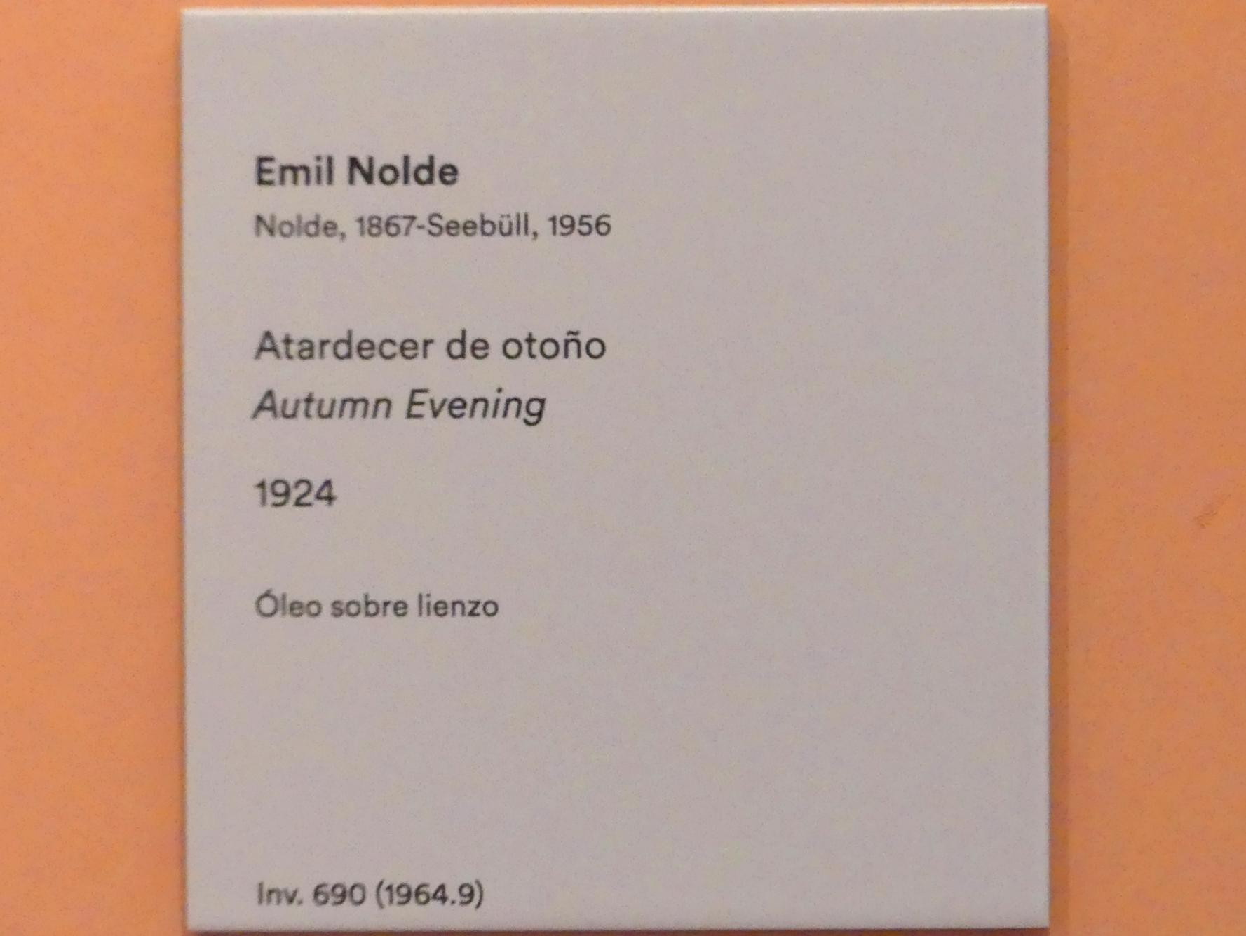 Emil Nolde (1903–1946), Herbstabend, Madrid, Museo Thyssen-Bornemisza, Saal 37. europäische Malerei der ersten Hälfte des 20. Jahrhunderts, 1924, Bild 2/2