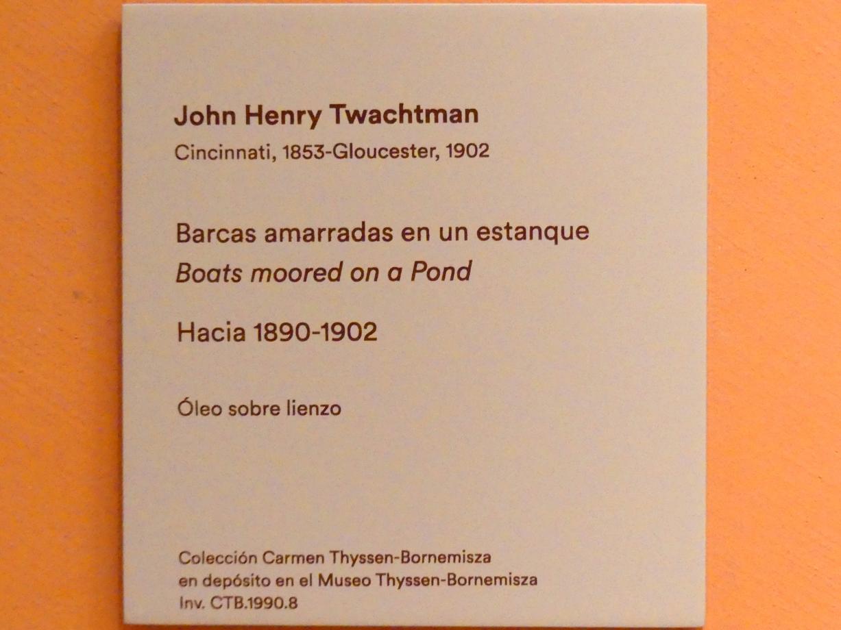 John Henry Twachtman (1885–1896), Befestigte Boote auf einem Teich, Madrid, Museo Thyssen-Bornemisza, Saal J, nordamerikanische Malerei des 19. Jahrhunderts, um 1890–1902, Bild 2/2