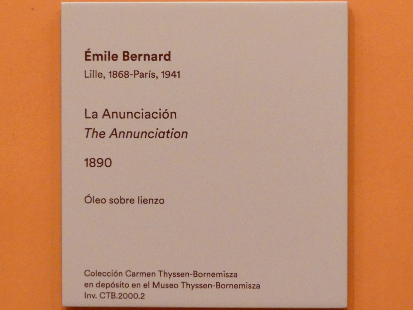 Émile Bernard (1887–1890), Verkündigung an Maria, Madrid, Museo Thyssen-Bornemisza, Saal L, europäische Malerei des 19.Jahrhunderts, 1890, Bild 2/2