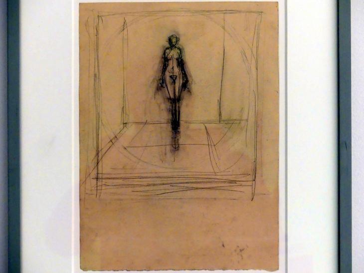 Alberto Giacometti (1914–1965), Stehender Akt in Kreis und Rahmen, Prag, Nationalgalerie im Messepalast, Ausstellung "Alberto Giacometti" vom 18.07.-01.12.2019, Stehende Figuren, um 1942, Bild 2/3