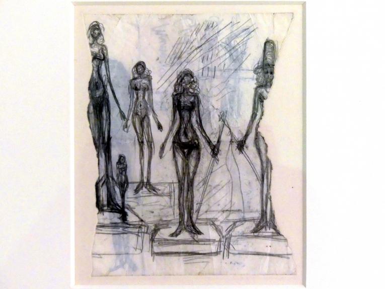 Alberto Giacometti (1914–1965), Fünf Frauen auf Podesten, Prag, Nationalgalerie im Messepalast, Ausstellung "Alberto Giacometti" vom 18.07.-01.12.2019, Stehende Figuren, Undatiert, Bild 2/3