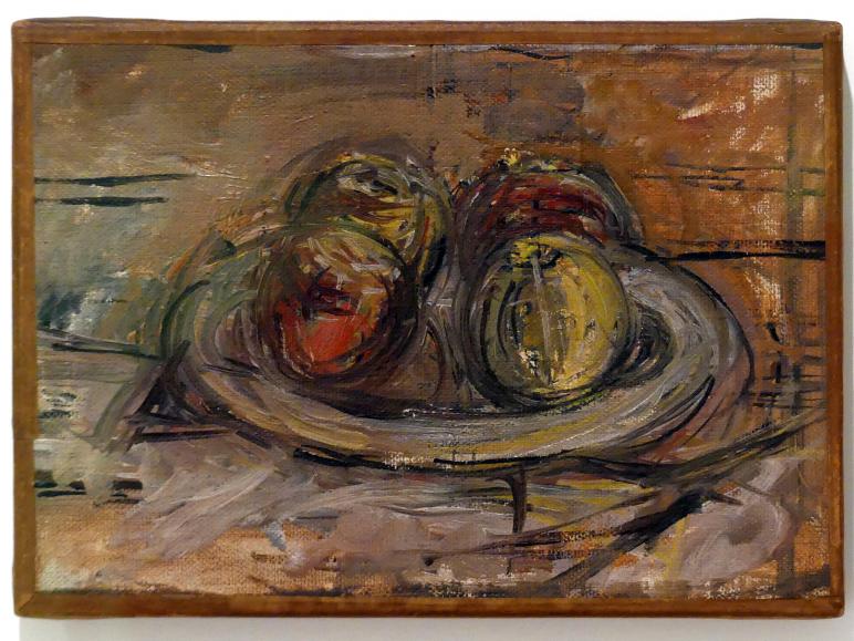 Alberto Giacometti (1914–1965), Vier Äpfel auf einer Schüssel, Prag, Nationalgalerie im Messepalast, Ausstellung "Alberto Giacometti" vom 18.07.-01.12.2019, Figuren im Raum, um 1953, Bild 2/3