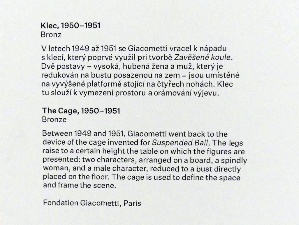 Alberto Giacometti (1914–1965), Käfig, Prag, Nationalgalerie im Messepalast, Ausstellung "Alberto Giacometti" vom 18.07.-01.12.2019, Kleine Skulpturen, 1950–1951, Bild 5/5