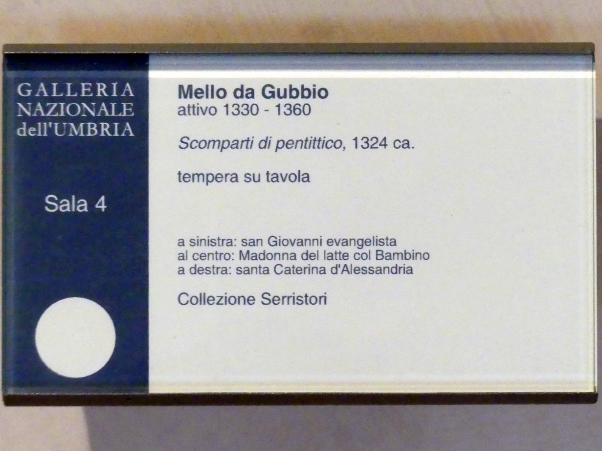 Mello da Gubbio (1324–1355), Maria lactans, Evangelist Johannes, Hl. Katharina von Alexandrien, Perugia, Nationalgalerie von Umbrien (Galleria nazionale dell'Umbria), 04: Giovanni di Bonino, Maestro di Paciano, Maestro della Dormitio di Terni, um 1324, Bild 2/2