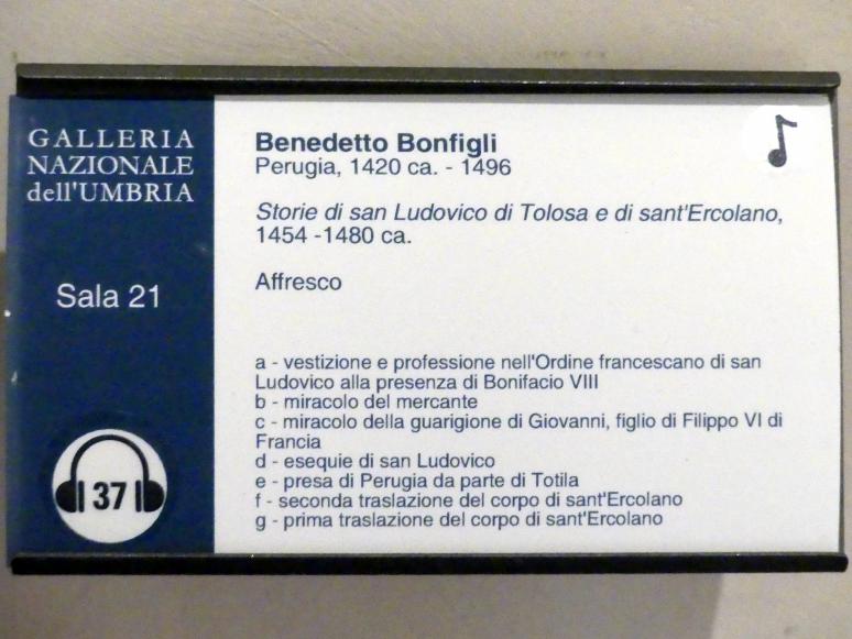 Benedetto Bonfigli (1448–1467), Wunder der hll. Ludwig von Toulouse und Herculanus von Perugia, Perugia, Nationalgalerie von Umbrien (Galleria nazionale dell'Umbria), 21: Cappella dei Priori, Perugino, um 1454–1480, Bild 5/5