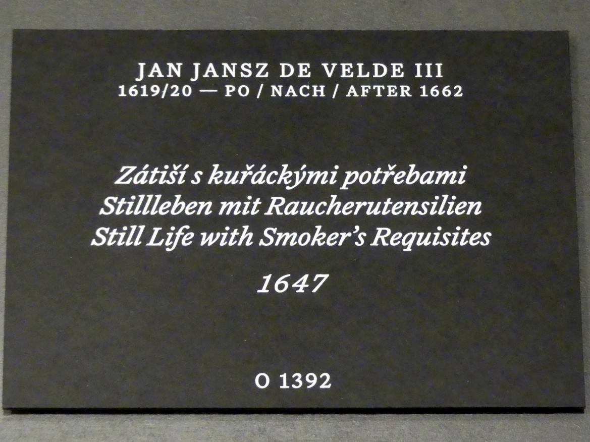 Jan Jansz van de Velde (1647–1657), Stillleben mit Raucherutensilien, Prag, Nationalgalerie im Palais Schwarzenberg, 1. Obergeschoss, Saal 4, 1647, Bild 2/2